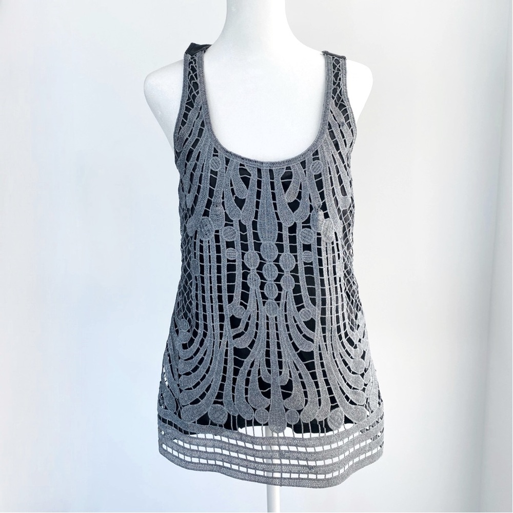 Beautiful Express Sleeveless Top with Silver Metallic Overlay at Front